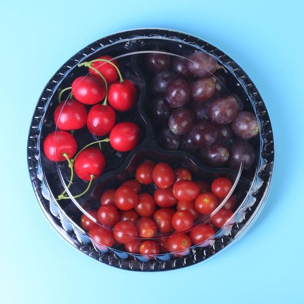 

disposable take out containers 50 pieces of 850g round three-cell plastic fruit salad box fresh cutting packing with lid