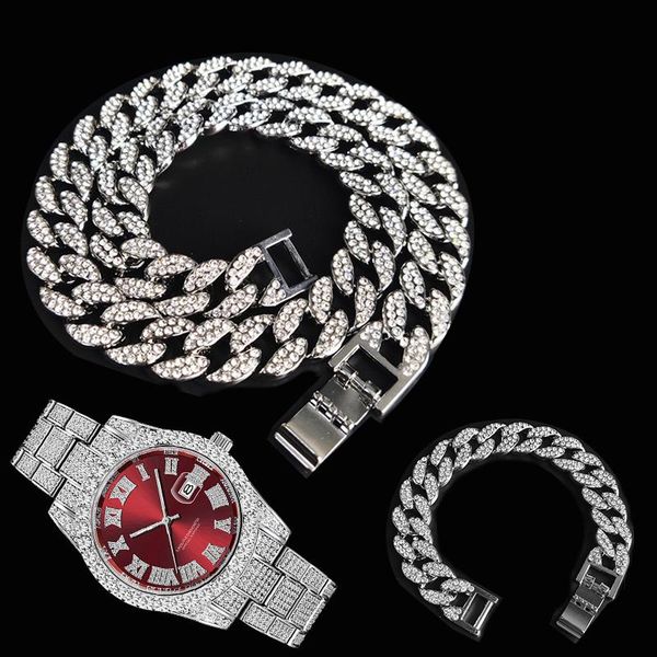 

chains 3pcs kit 15mm hip hop iced out paved rhinestones miami cuban cz necklace+watch+bracelet rapper necklaces for man charm jewelry, Silver