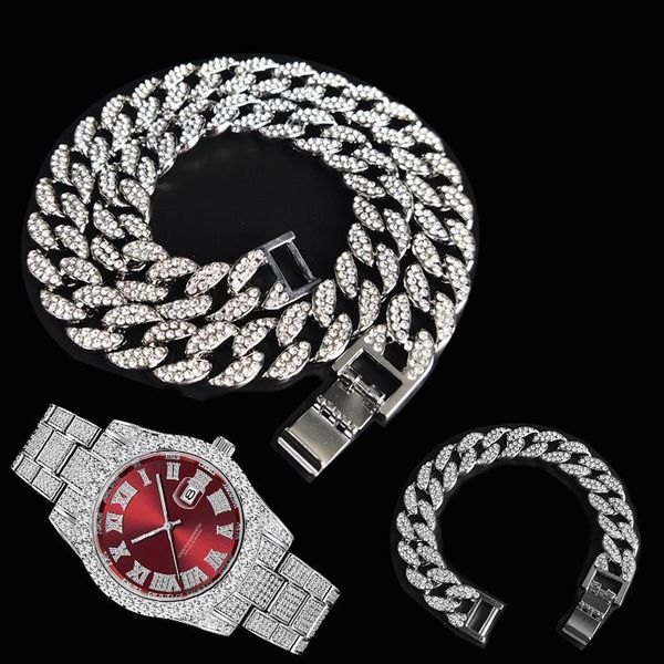 Correntes 3 pcs Kit 15mm Hip Hop Icado Out pavimentada Rhinestones Miami Cubana Cz Colar + Assista + Pulseira Rapper Colares para Homem Charm Jewelry