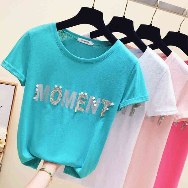 

women's t-shirt letter beading t women short sleeve summer tshirt woman female korean fashion clothes tee femme 77e7, White