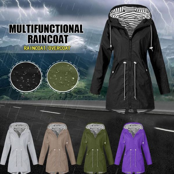 

women solid rain jacket four season outdoor plus size long sleeve coat waterproof hooded windproof loose mulher jaqueta women's jackets, Black;brown