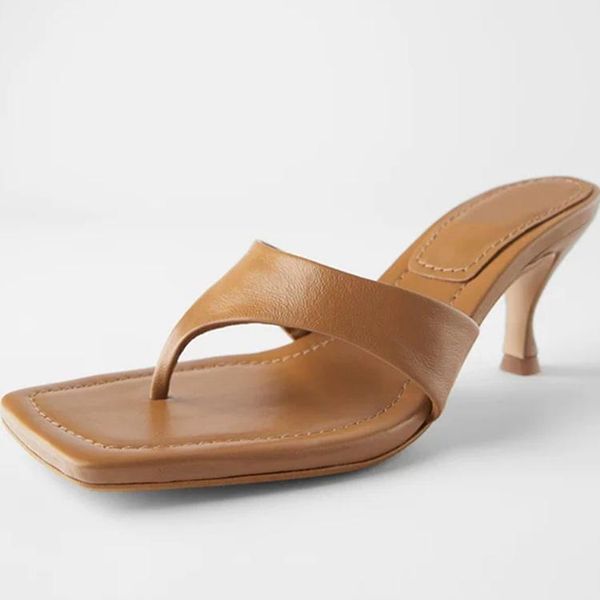 

female shoes thin heels womens slippers outdoor med heeled mules rubber flip flops square toe slides 2021 high hawaiian pu rome, Black