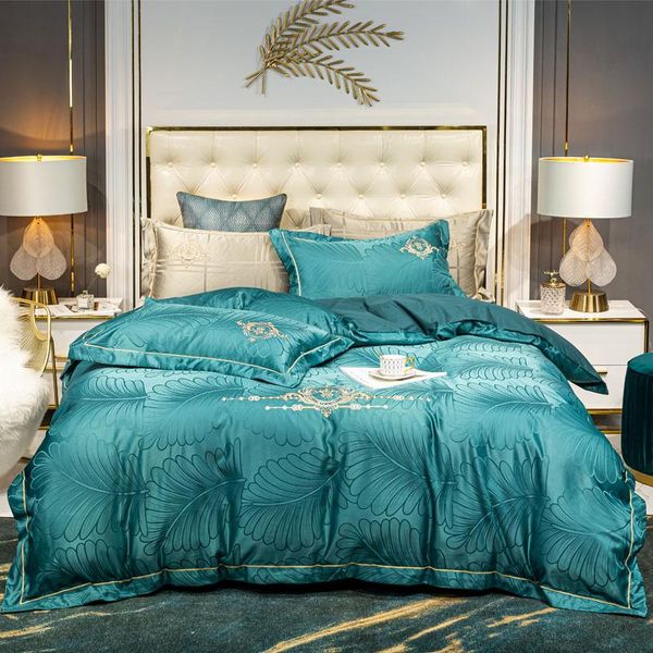 

luxury satin jacquard embroidery bedding set silk cotton double duvet cover bed linen fitted sheet pillowcases home textile sets