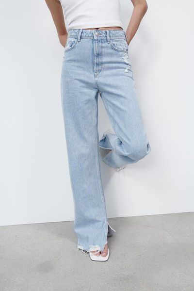 

european and american spring summer fashion pocket trousers split long casual jeans women women's, Blue