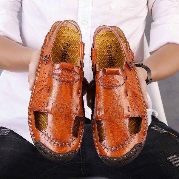 

sandals summer 2021 leather roman mens shoes large sizes 47 slip on casual designer sandalia masculina handmade breathable, Black