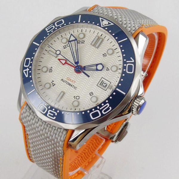 

wristwatches 41mm self winding men watch automatic gmt movement sapphire glass rubber strap ceramic bezel date window, Slivery;brown
