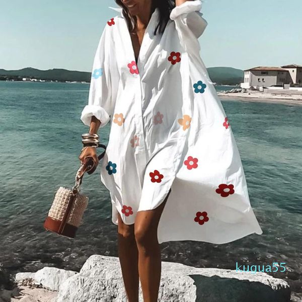 Günlük Elbiseler Yaz Plaj Elbise Kapak-UPS kadın Uzun Kollu Mayo Beachwear Gevşek Kapak-Up Turn-down Yaka Sundress Robe