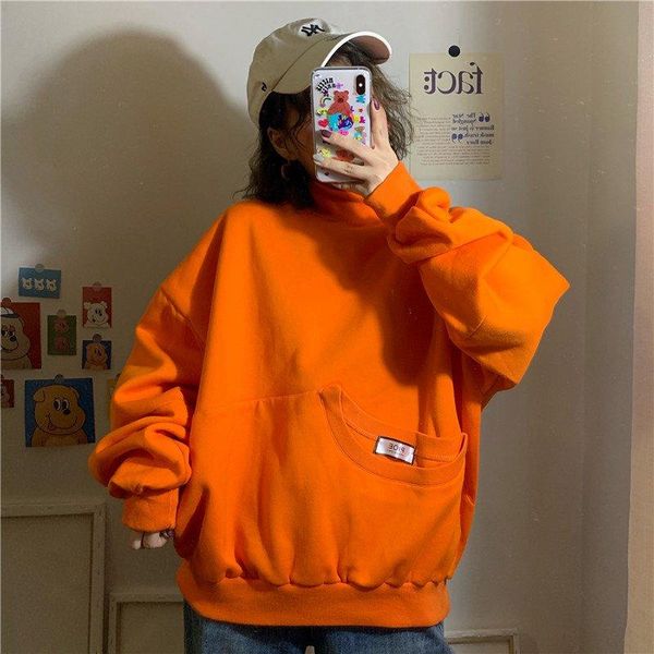 

women's hoodies & sweatshirts turtleneck fleece bust 140cm women hoodie harajuku big pocket thick winter sweatshirt female casual stree, Black