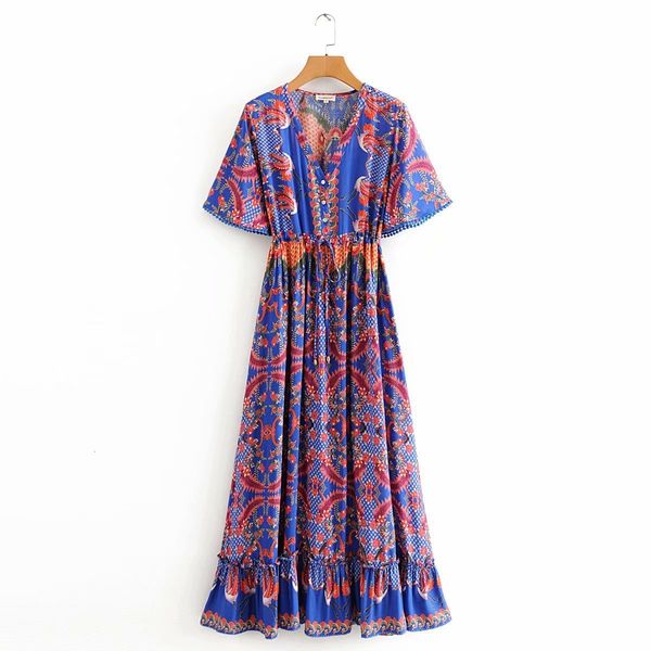 

casual dresses women floral bird print bohemian beach new v-neck elastic waist short sleeve long summer boho holiday maxi 5x5b, Black;gray