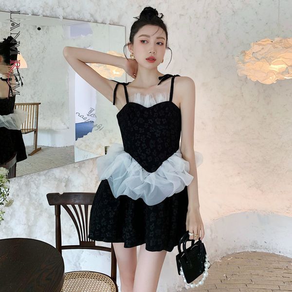 

women patchwork dress jacquard cloud gauze slim sweet sling temperament fashion summer 2h510 210507, Black;gray