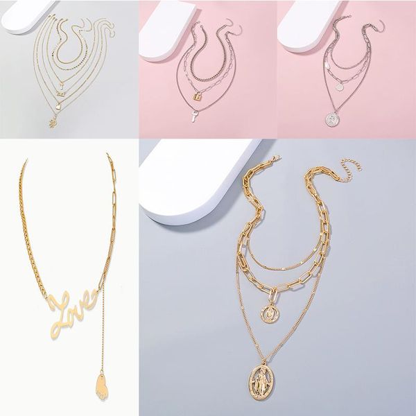 

chains fashion retro circle pendant multilayer gold color necklace party charm jewelry accessories for women, Silver