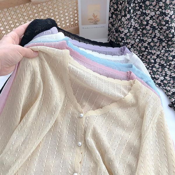 

women's knits & tees summer korean version of the ladies v collar lace single-row button-down ice silk thin long-sleeved knitted bottom, White
