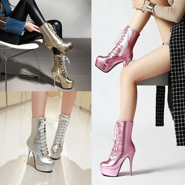 

boots women's shoes lace silver gold pink dwaterproof water heels high, Black