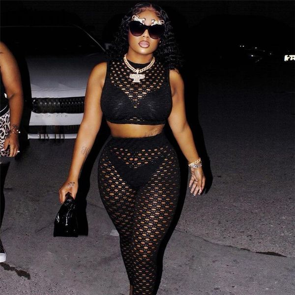 

women's two piece pants fall holes see three black suits slim 2 sets womens club outfits o neck sleeveless tank women, White