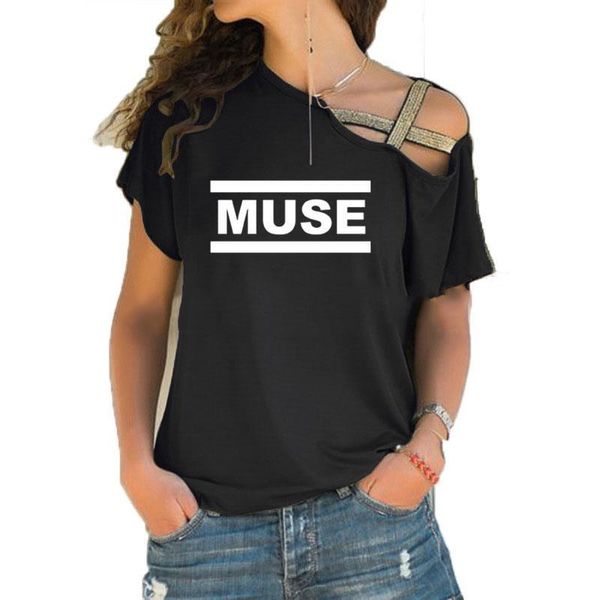 

muse short sleeve cotton womens t shirt irregular skew cross bandage rock band casual, White