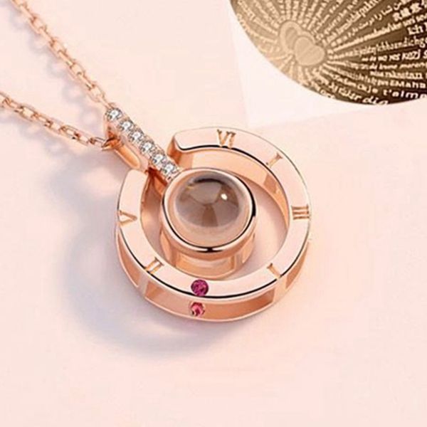 

rose gold plated i love you 100 languages projection pendant necklace crystal heart romantic jewelry necklaces for women gift, Silver