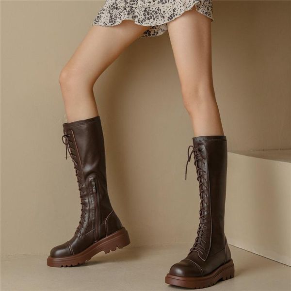 

boots women lace up genuine leather flat with knee high female thigh round toe platform pumps shoes casual, Black
