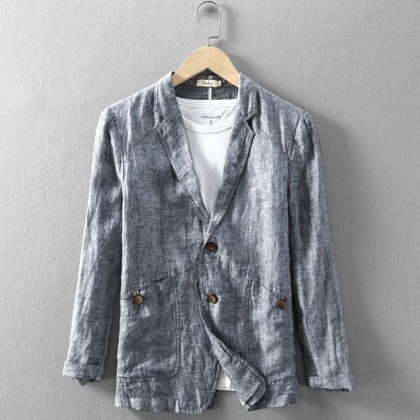 

men's suits & blazers 2022 pure linen thin two buttons blue gray loose style lapel casual men autumn jacket for male, White;black