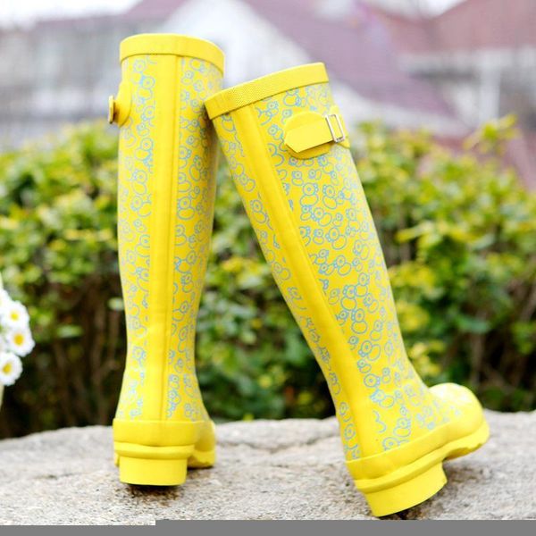 

boots women's high tube printing season rain vulcanized shoes rubber european style, Black