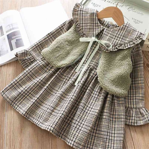 

girls dress autumn winter thicken plus velvet long sleeve down dress+white fur vest 2pcs toddler clothes 210528, Red;yellow