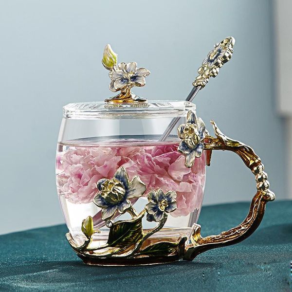 

enamel crystal water cup glass coffee mug drinkware tea spoon set office home creative luxury flower painted mugs gift wine glasses