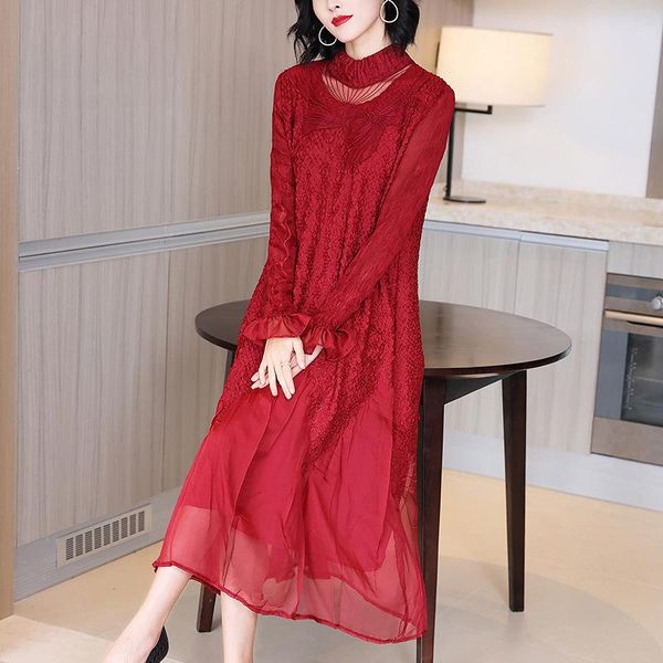 

casual dresses red dress women plus size 2021 autumn winter solid color heavy embroidered stand collar long sleeve loose miyake pleated clot, Black;gray