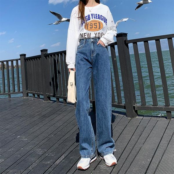 

women's jeans spring and summer high waist wide leg pants blue street style retro nice fashion straight
