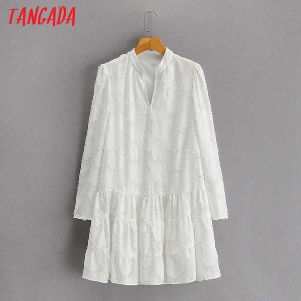 

tangada women white flower emboridery shirt dress robe long sleeve v neck office ladies mini dress sy192 210609, Black;gray