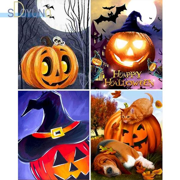 

paintings sdoyuno 60x75cm diy paint by number halloween night and pumpkin lantern oil painting numbers on cavans frame unique gift