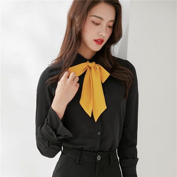 

women blouses & shirts with tie black long sleeve office ladies work uniforms women's, White