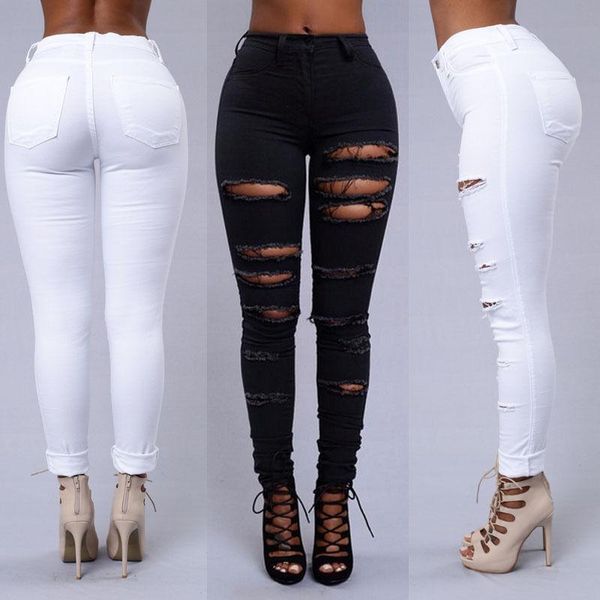 

women's pants & capris ladies ripped knee skinny jeans womens high waisted jegging black white costume