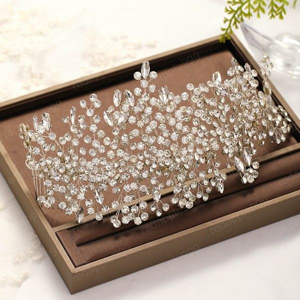 

handmade crystal headband with two combs women headpieces bridal hair jewelry for wedding rhinestone hairband hair combs, Slivery;golden