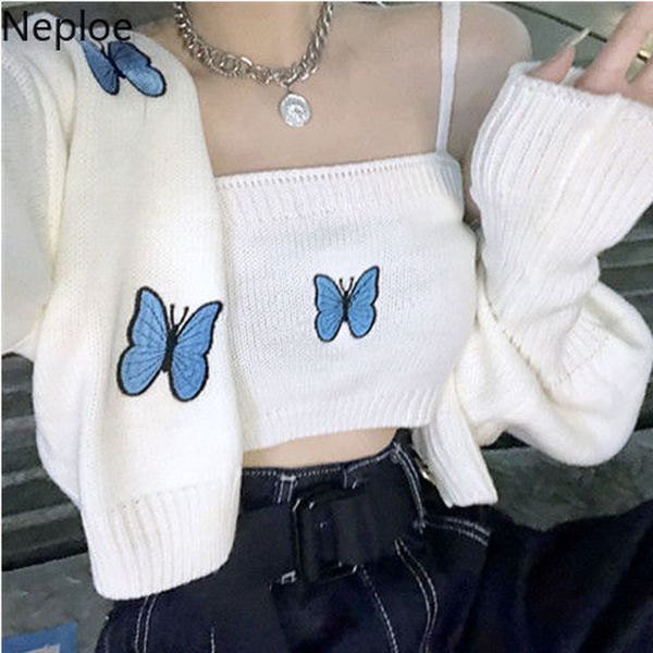 

neploe women sets casual butterfly embroidery sling coat two-piece suit korean kawaii knitted suit cropped outfits for women 210422, White