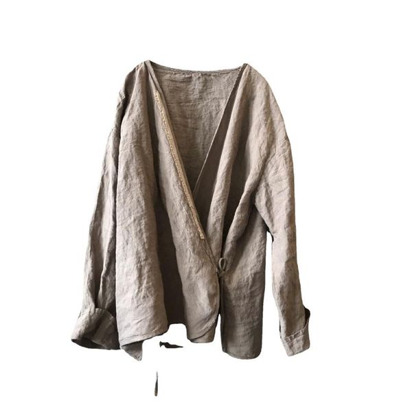 

women's jackets qpfjqd ladies loose solid color washed retro linen coats outerwear long sleeve women flax jacket coat 2021 autumn summe, Black;brown