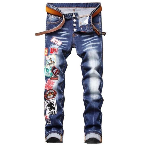 

men's jeans european style brand italy mens hole denim embroidery blue men trousers button luxury for