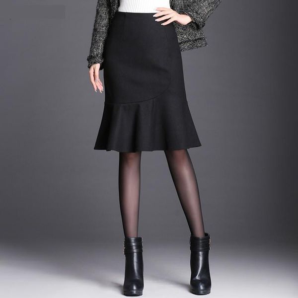 

skirts arrival fashion black woolen women waist fishtail autumn winter casual knee-length skirt plus size m-4xl