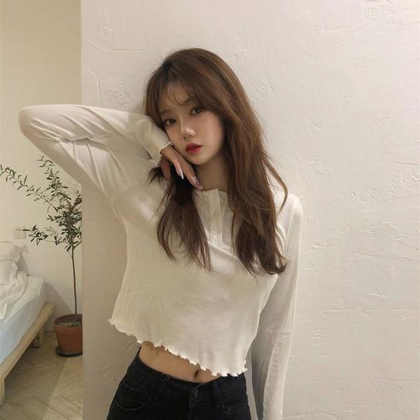 

women's t-shirt korean version 2021 versatile spring and autumn white base shirt with black long sleeve