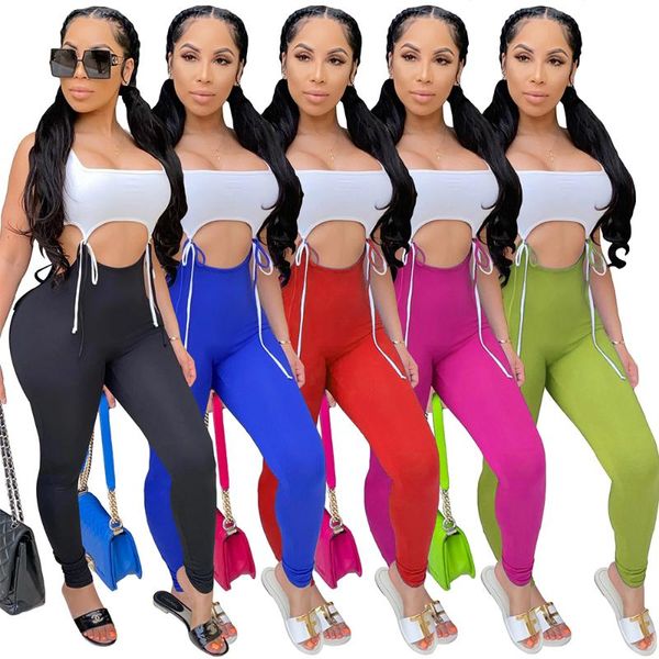 

women's jumpsuits & rompers women high elastic lace up tight fitting sporting suit jumpsuit summer sleeveless hollow out fitness tracks, Black;white