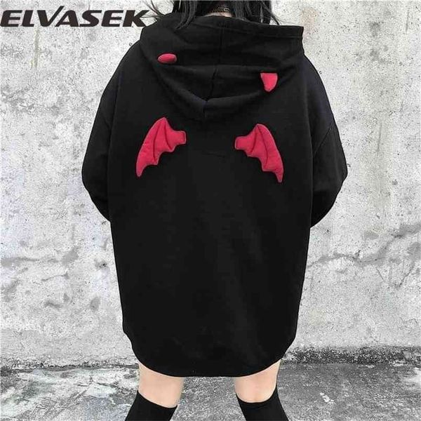 

spring autumn women sweatshirts high street harajuku cute hoodies punk gothic devil horn chic hooded pullover loose sweat ca6865 210813, Black