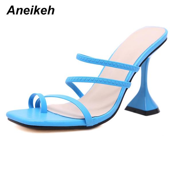 

aneikeh 2021 summer women shoes rome pu striped zapatos de mujer punk narrow band solid high heels wedding ladies sandals 42 slippers, Black
