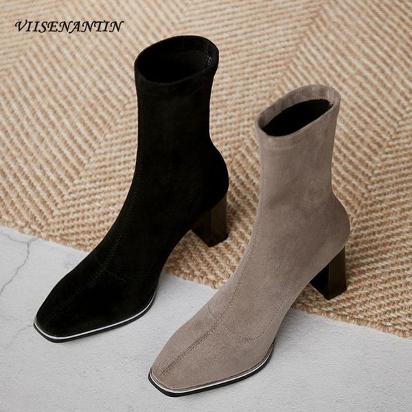 

boots square head fashionable thick-heel suede stretch 2021 autumn winter arrive simple khaki high-heeled short women, Black