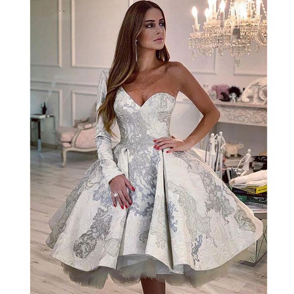 

new chic prom dresses one shoulder long sleeves formal evening party gowns short cocktail dress, Black