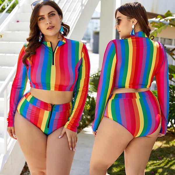 

women's swimwear plus size split swimsuit rainbow stripes high waist zipper long sleeve two-piece beach surfing bikini, White;black