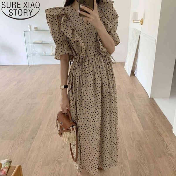 

polka dot chiffon ruffles fashion v neck women summer flare short sleeve dress vintage midi long dresses 13800 210417, Black;gray