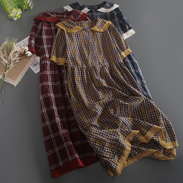 

casual dresses loose female short sleeve dress plaid mori girl 6866, Black;gray