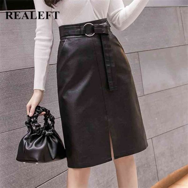 

realeft new autumn winter black pu leather women midi skirts with belt high waist chic front split sheath wrap skirt pocket 210412