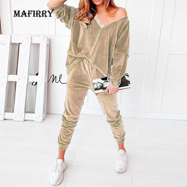 

women solid velvet v-neck long sleeve simple casual suit spring autumn loose elastic waist ladies sets drawstring loungewear 210929, White