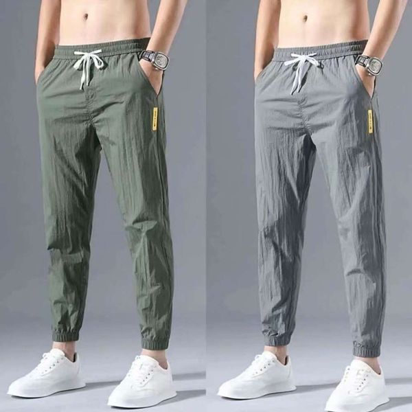 

summer ice silk men's casual pants summer nine point slim korean fashion sports leggings, White;black