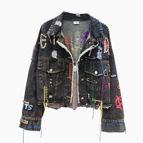 

women's jackets ripped lace up jean spring autumn harajuku denim jacket coats short black students basic outfit sa354s30, Black;brown