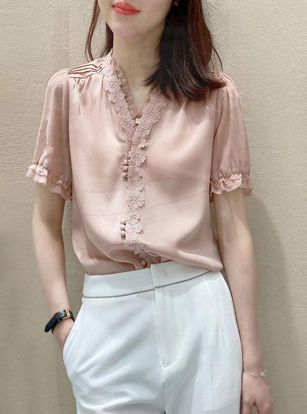 

women's blouses & shirts pink fashion design satin silk lace solid women summer 2021 v-neck short-sleeved slim elegant office lady, White